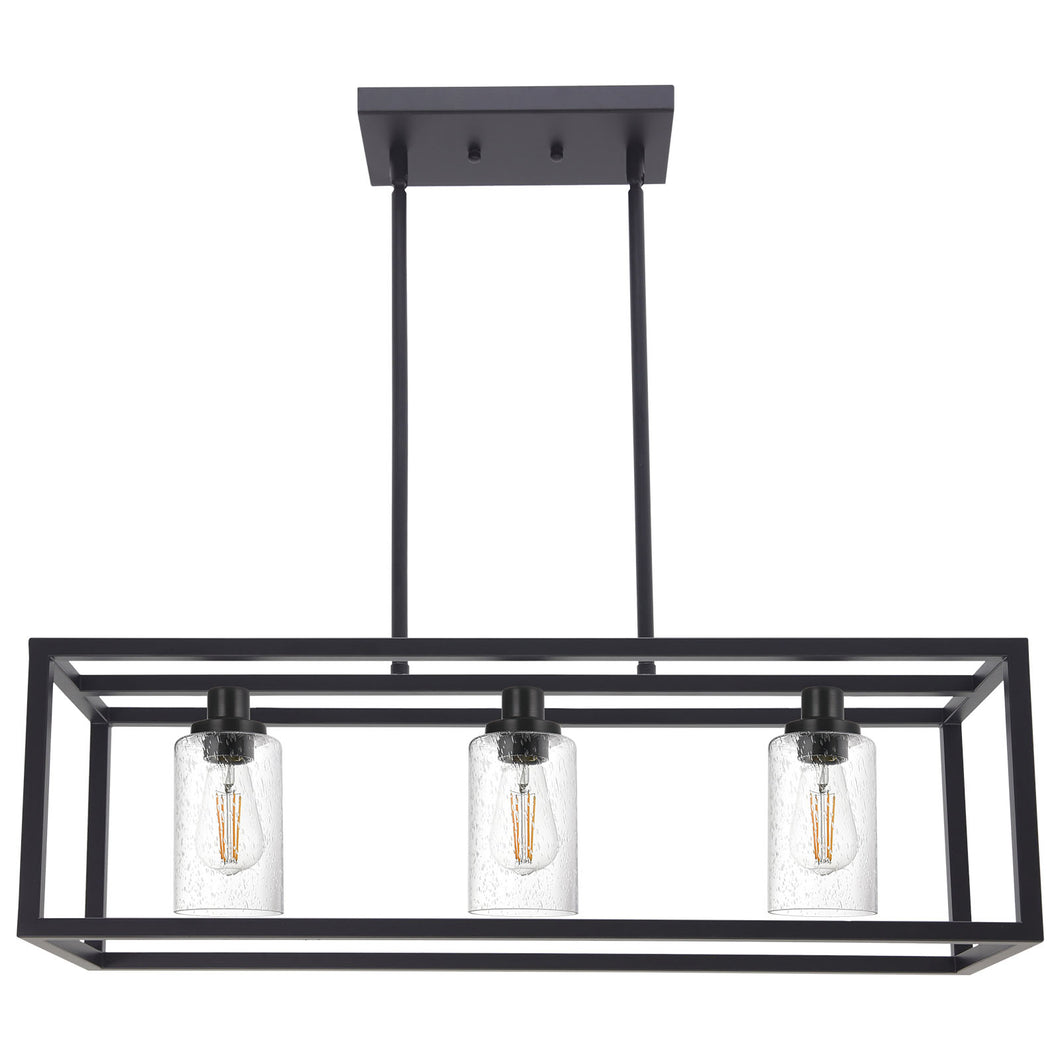 MELUCEE 3 Lights Black Dining Room Chandelier Hanging Light Fixture Modern Kitchen Island Linear Lighting Farmhouse Chandelier with Seeded Glass Shade