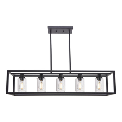 MELUCEE 36.2 Inches Length Industrial Chandelier for Kitchen Island, 5-Light Rectangle Dining Room Lighting Fixtures Hanging Black Finish