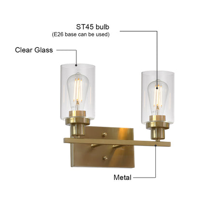 MELUCEE 2-Light Wall Sconce Brass Vanity Light Fixture Modern Style with Clear Glass Shade