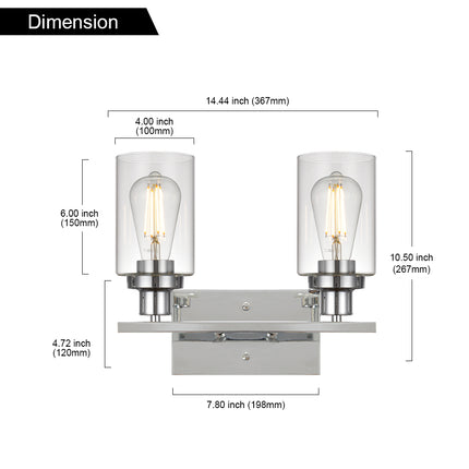 MELUCEE 2-Light Chrome Wall Sconce Industrial with Clear Glass Shade and Metal Base