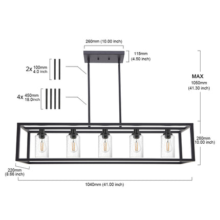 MELUCEE 5-Light Kitchen Island Lighting Rectangle Dining Room Chandelier Black Finish with Seeded Glass Shade