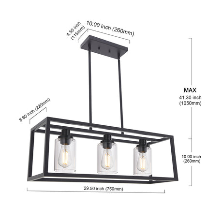 MELUCEE Kitchen Island Lighting 3 Lights Farmhouse Chandelier, Black Pendant Lighting with Clear Glass Shade
