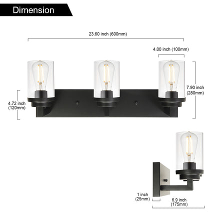 MELUCEE Vintage Bathroom Lighting Fixtures Over Mirror, 3-Light Modern Vanity Lights Black Finish Industrial Wall Sconce with Clear Glass Shade