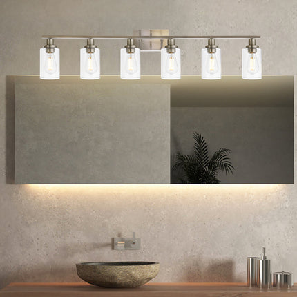MELUCEE Modern Bathroom Vanity Light Fixtures 6-Light Brushed Nickel Contemporary Wall Light with Glass Shade