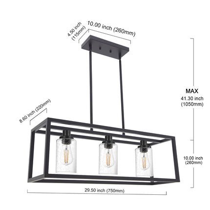 MELUCEE 3 Lights Black Dining Room Chandelier Hanging Light Fixture Modern Kitchen Island Linear Lighting Farmhouse Chandelier with Seeded Glass Shade