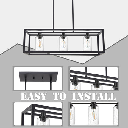 MELUCEE 3 Lights Black Dining Room Chandelier Hanging Light Fixture Modern Kitchen Island Linear Lighting Farmhouse Chandelier with Seeded Glass Shade