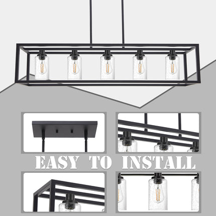 MELUCEE 5-Light Kitchen Island Lighting Rectangle Dining Room Chandelier Black Finish with Seeded Glass Shade
