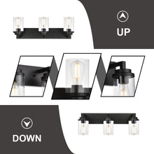 Load image into Gallery viewer, MELUCEE Vintage Bathroom Lighting Fixtures Over Mirror, 3-Light Modern Vanity Lights Black Finish Industrial Wall Sconce with Clear Glass Shade
