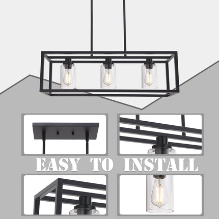 MELUCEE Kitchen Island Lighting 3 Lights Farmhouse Chandelier, Black Pendant Lighting with Clear Glass Shade
