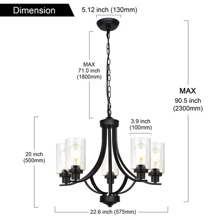 MELUCEE 5-Light Chandelier with Clear Glass Shade, Brushed Nickel/Black/Oil Rubbed Bronze