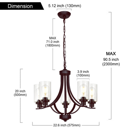 MELUCEE 5-Light Chandelier with Clear Glass Shade, Brushed Nickel/Black/Oil Rubbed Bronze