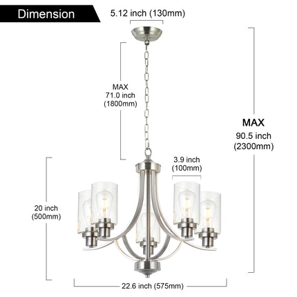 MELUCEE 5-Light Chandelier with Clear Glass Shade, Brushed Nickel/Black/Oil Rubbed Bronze