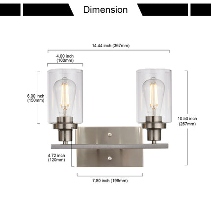MELUCEE Metal Wall Lights with Clear Glass Shade 2 Heads Bathroom Light Fixtures Brushed Nickel