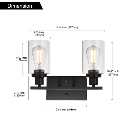 MELUCEE 2-Light Black Wall Sconce Industrial Vintage with Clear Glass Shade and Metal Base