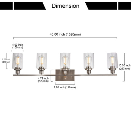 MELUCEE 5-Light Bathroom Vanity Light Brushed Nickel Wall Sconce Modern Light Fixtures Wall Mount with Clear Glass Shade