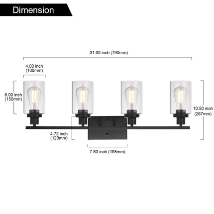 MELUCEE 4 Lights Sconces Wall Lighting Black with Clear Glass Shade, Industrial Bathroom Light Fixtures