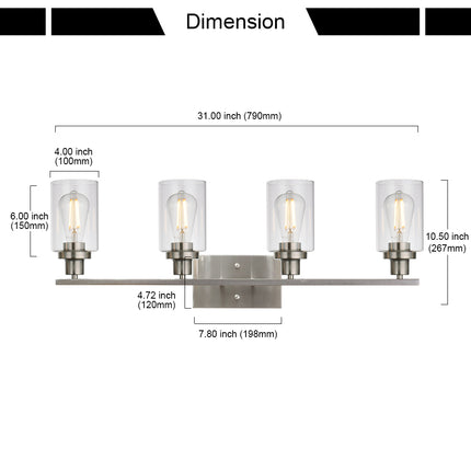 MELUCEE Bathroom Light Fixtures Brushed Nickel 4 Heads Modern Vanity Lights Wall Sconce with Clear Glass Shade