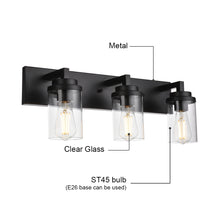 Load image into Gallery viewer, MELUCEE Vintage Bathroom Lighting Fixtures Over Mirror, 3-Light Modern Vanity Lights Black Finish Industrial Wall Sconce with Clear Glass Shade

