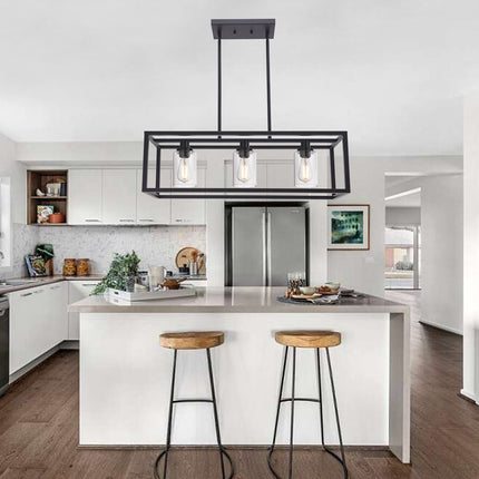 MELUCEE Kitchen Island Lighting 3 Lights Farmhouse Chandelier, Black Pendant Lighting with Clear Glass Shade