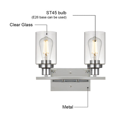 MELUCEE 2-Light Chrome Wall Sconce Industrial with Clear Glass Shade and Metal Base