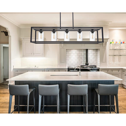 MELUCEE 5-Light Kitchen Island Lighting Rectangle Dining Room Chandelier Black Finish with Seeded Glass Shade
