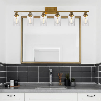 MELUCEE 6-Light Modern Bathroom Vanity Light Fixtures Brass Finish, Indoor Wall Lights with Glass Shade