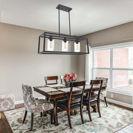 MELUCEE 3 Lights Black Dining Room Chandelier Hanging Light Fixture Modern Kitchen Island Linear Lighting Farmhouse Chandelier with Seeded Glass Shade