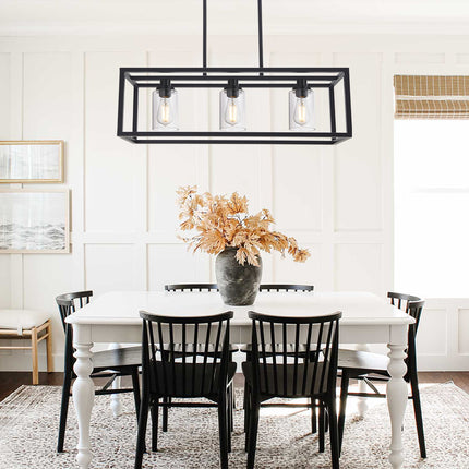 MELUCEE Kitchen Island Lighting 3 Lights Farmhouse Chandelier, Black Pendant Lighting with Clear Glass Shade