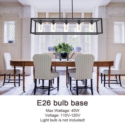 MELUCEE 5-Light Kitchen Island Lighting Rectangle Dining Room Chandelier Black Finish with Seeded Glass Shade