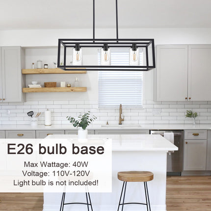 MELUCEE 3 Lights Black Dining Room Chandelier Hanging Light Fixture Modern Kitchen Island Linear Lighting Farmhouse Chandelier with Seeded Glass Shade