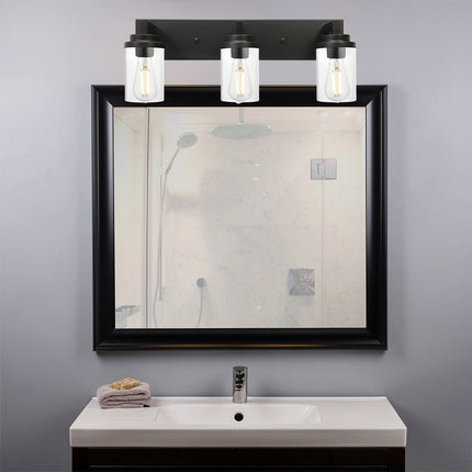 MELUCEE Vintage Bathroom Lighting Fixtures Over Mirror, 3-Light Modern Vanity Lights Black Finish Industrial Wall Sconce with Clear Glass Shade