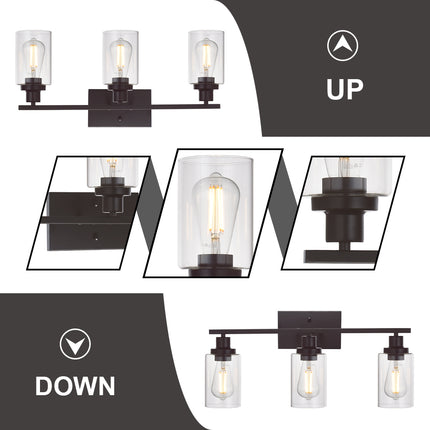 MELUCEE 3 Light Bathroom Vanity Light Oil Rubbed Bronze, Industrial Wall Light Fixture with Clear Glass Shade