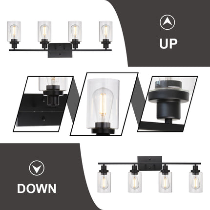 MELUCEE 4 Lights Sconces Wall Lighting Black with Clear Glass Shade, Industrial Bathroom Light Fixtures